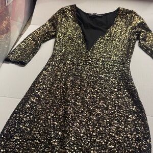 Foreign Exchange Black & Gold Metallic Deep V Bodycon 3/4 Sleeve Party Cocktail